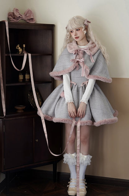 Universal Lolita Winter Blue & Pink Tweed Plush Cape Cloak Strap Dress Two Piece Set