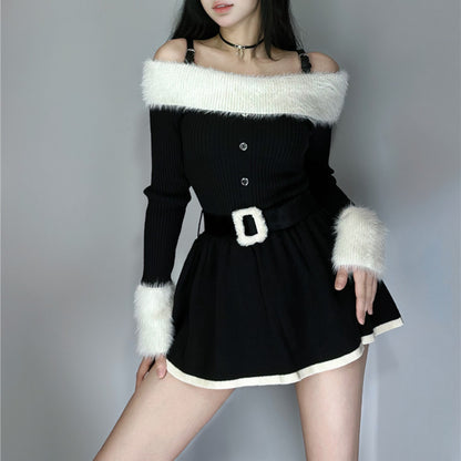 Off Shoulder Autumn Winter Luxury Chic Knit Black White Dress