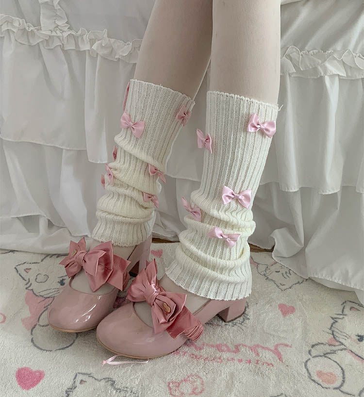 Sweet Lolita Coquette Bow Pink & White Knit Leg Warmers