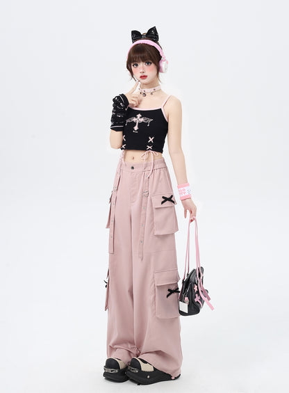 Crazy Girl Heart Strap Pink Black Elastic Waist Pants