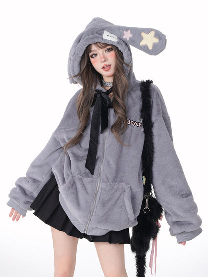 Young Eyes Black Gray Rabbit Ears Plush Autumn Winter Hoodie Jacket