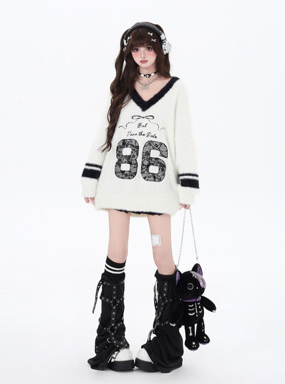 Crazy Girl 86 Pink Black Blue White Fuzzy Sweater