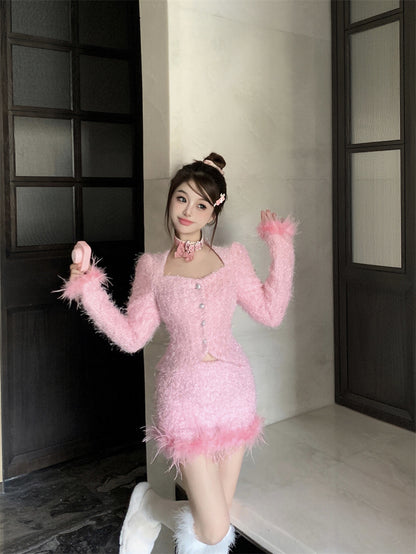 Winter Elegant Sweet Pink Feather Jacket Mini Skirt Two Piece Set