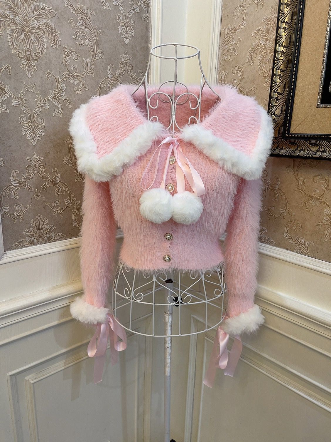 Sweetheart Princess Winter Plush Fuzzy Pink Sweater Pompom Balls & White Ruffled Skirt Two Piece Set