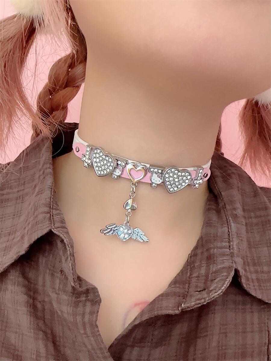 Diamond Heart Kitty Wings Guitar Y2K Hot Girl Choker Necklaces