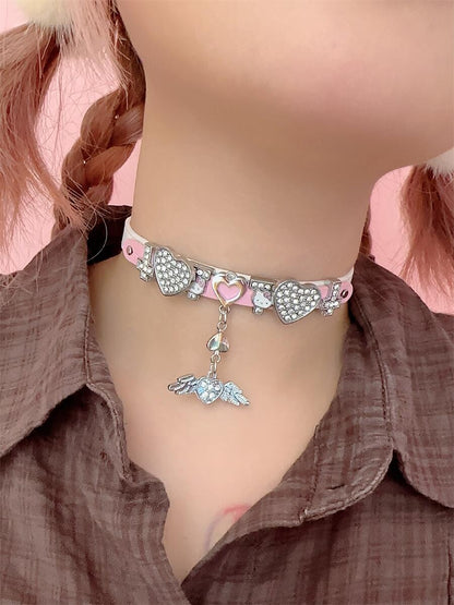 Diamond Heart Kitty Wings Guitar Y2K Hot Girl Choker Necklaces