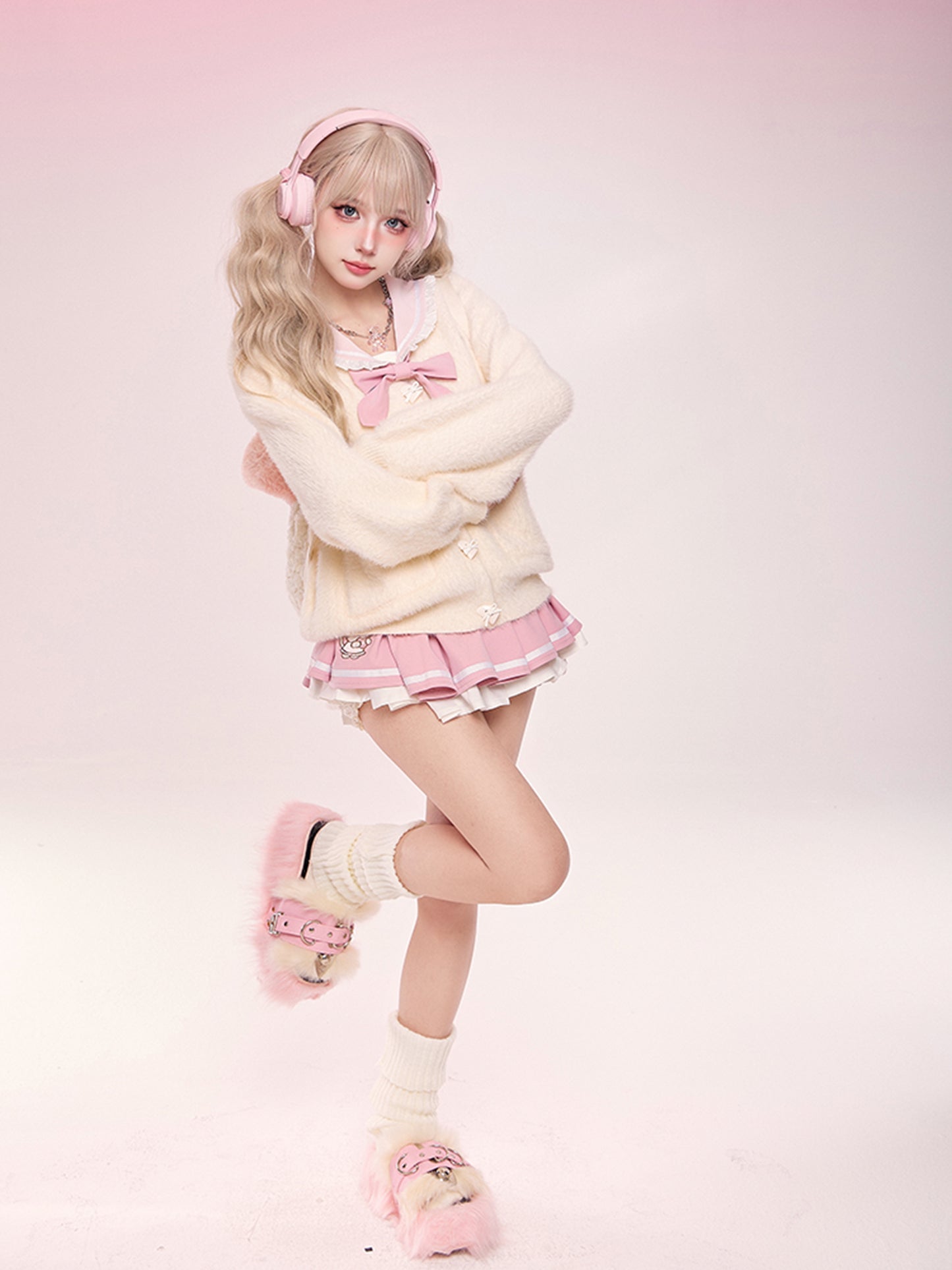 Serendipity Sweet Autumn Pink Bow Sailor Collar Seifuku Shirt & Pleated Skirt & White Cardigan Three Piece Set