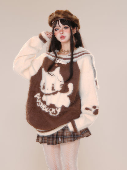 Young Eyes Lazy Cat Sailor Collar Black Brown Pink Fuzzy Sweater