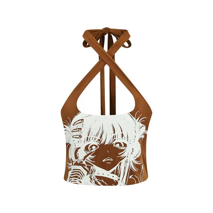 Young Eyes Grunge Summer Anime Girl Graphic Halter Neck Tank Top