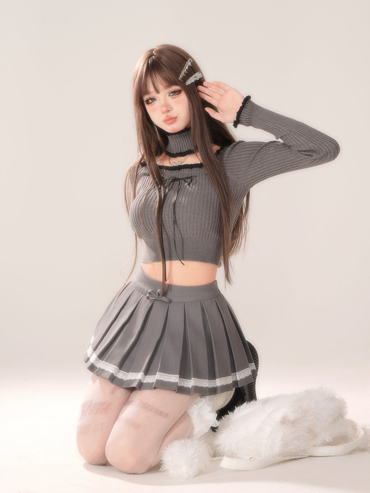 Young Eyes Coquette Bow Lace Collar Gray & White Knit Sweater Top