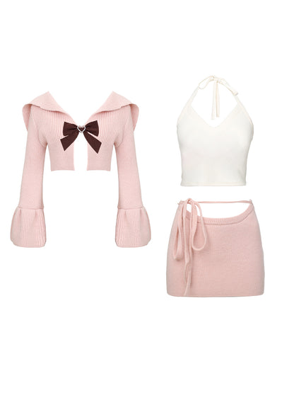 Serendipity Romantic Sweet Autumn Knit Pink Cardigan & Skirt & Halter Neck Camisole Three Piece Set