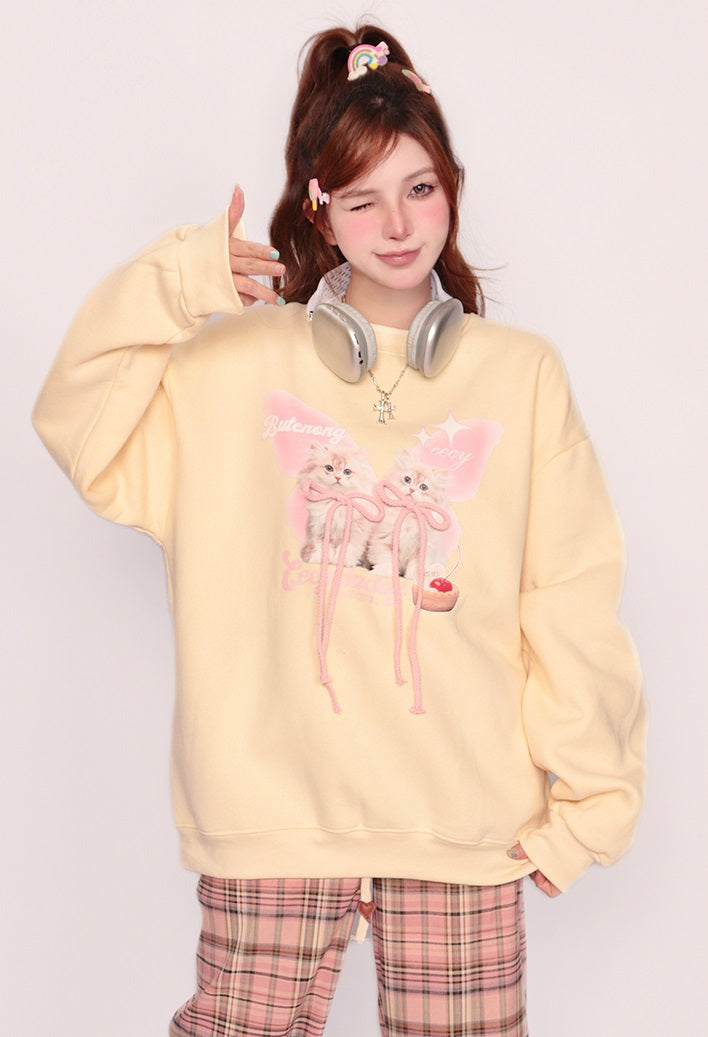 Bubblegum Autumn Cute Cat Kitten Pink Bow Yellow Sweatshirt