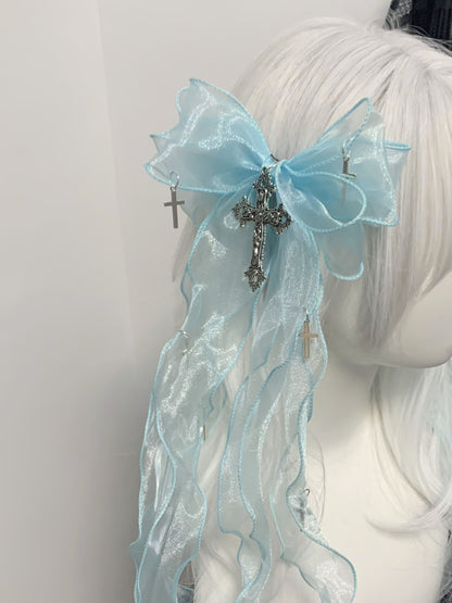 Idol Crystal Blue White Black Cross Lolita Ribbon Hair Clips Hair Accessories