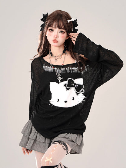 Young Eyes Lazy Kitty Cat Black & Gray Off Shoulder Top