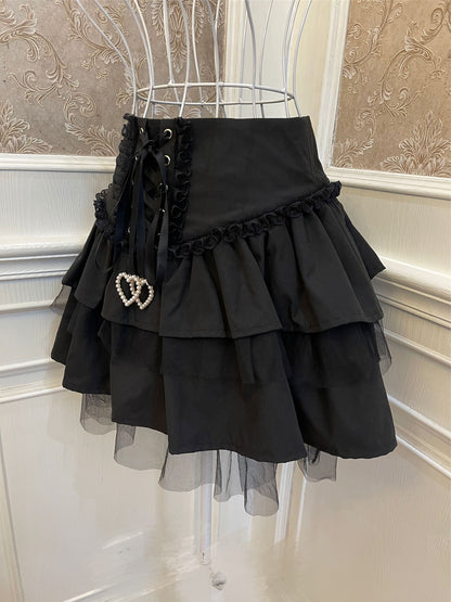 Sweetheart Princess Gothic Black Cake Layered Lace High Waist Mini Skirt