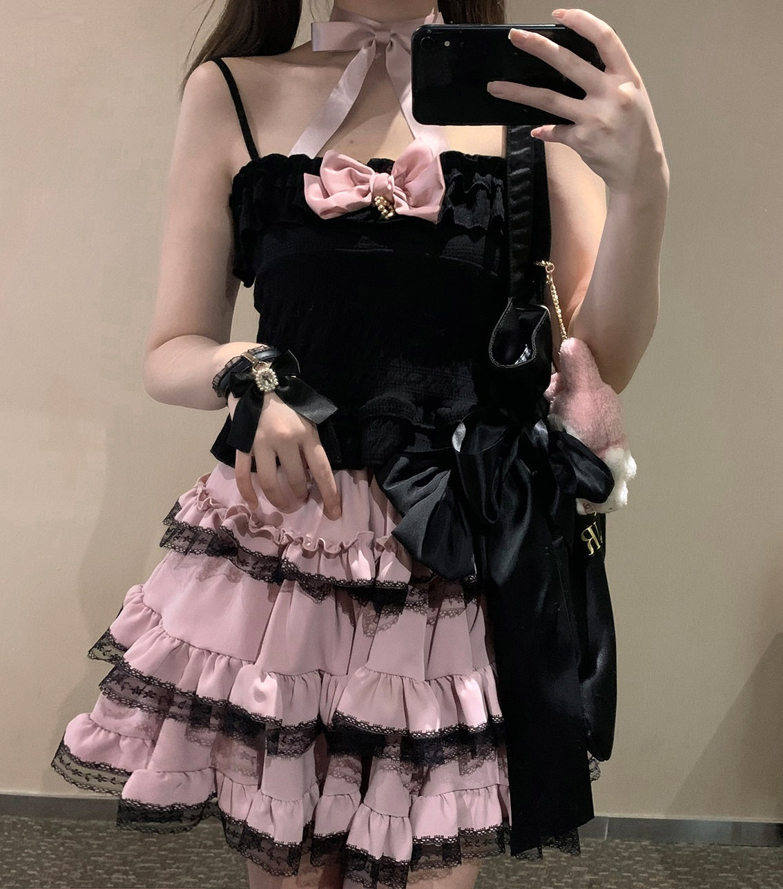 Kitten Bullet Jirai Kei Sweet Cake Ruffle Pink Black Skirt