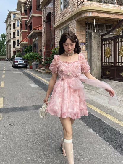 Ruellia Pink Blue Blossom Floral Puff Sleeve Dress