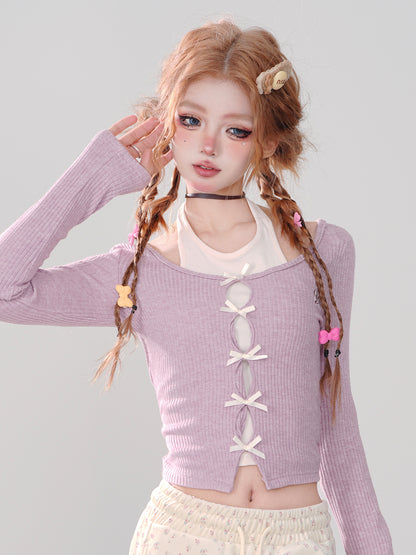 Young Eyes Y2K Bow Black Purple Knit Shirt Top