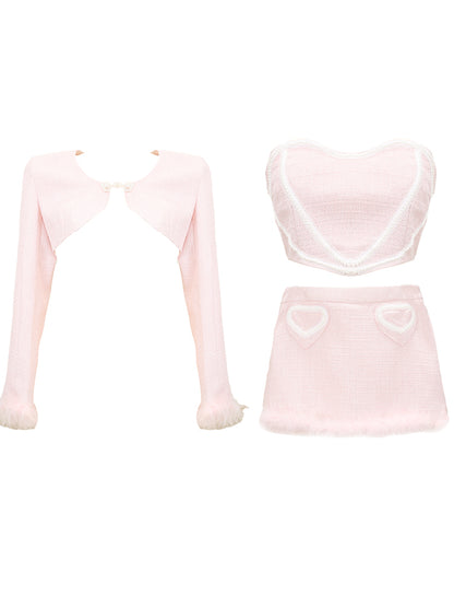 Lucia Lady Pearl Soft Pastel Pink Tube Top & Mini Skirt & Jacket Three Piece Set