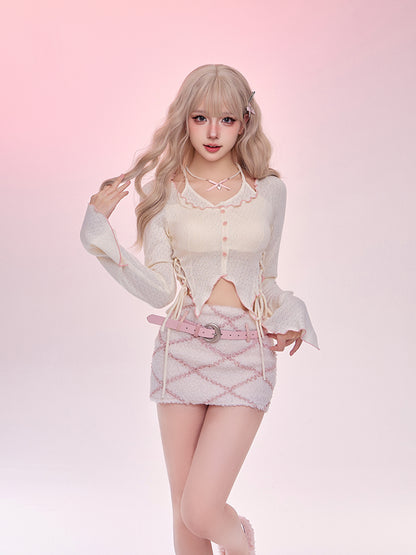 Serendipity Winter Paris Pink Fur Jacket & Beige Blouse Shirt & Plush Mini Skirt Three Piece Set