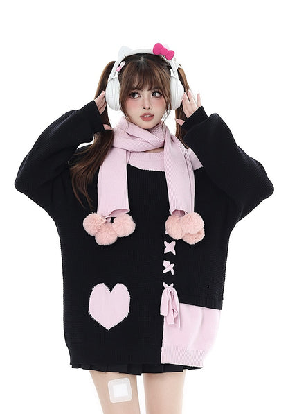 Crazy Girl Sweet Girl Knit Love Soft Pink Black With Scarf Sweater