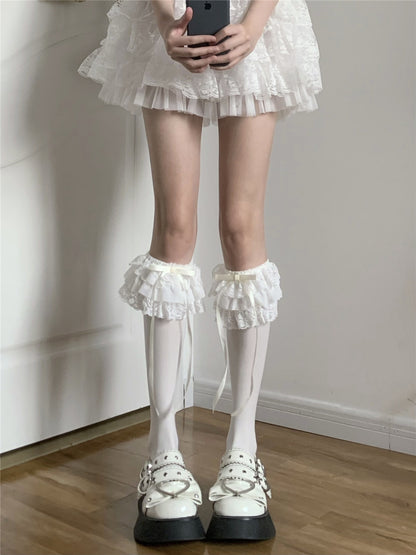 EGL Bow Lace Over Under The Knee Black White Cream Socks