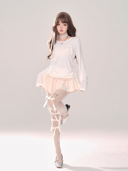 Young Eyes Coquette Swan Cream Pink Ruffle Short Skirt