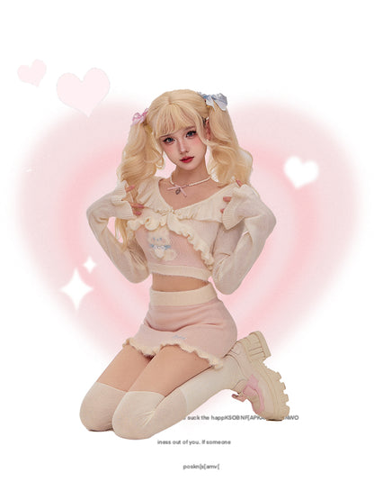 Serendipity Coquette White Ruffled Cardigan & Knit Pink Rabbit Camisole & Mini Skirt Three Piece Set