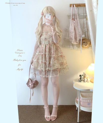 Dormir Doll Floral Rose Ruffled Pearl Strap Dress