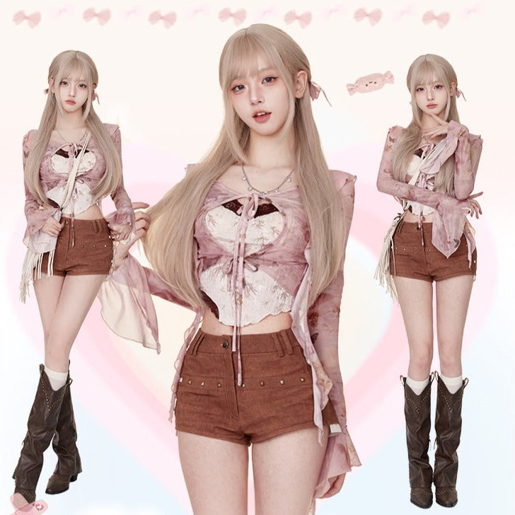 Serendipity Broken Butterfly Pink Cardigan & Camisole & Brown Shorts Three Piece Set