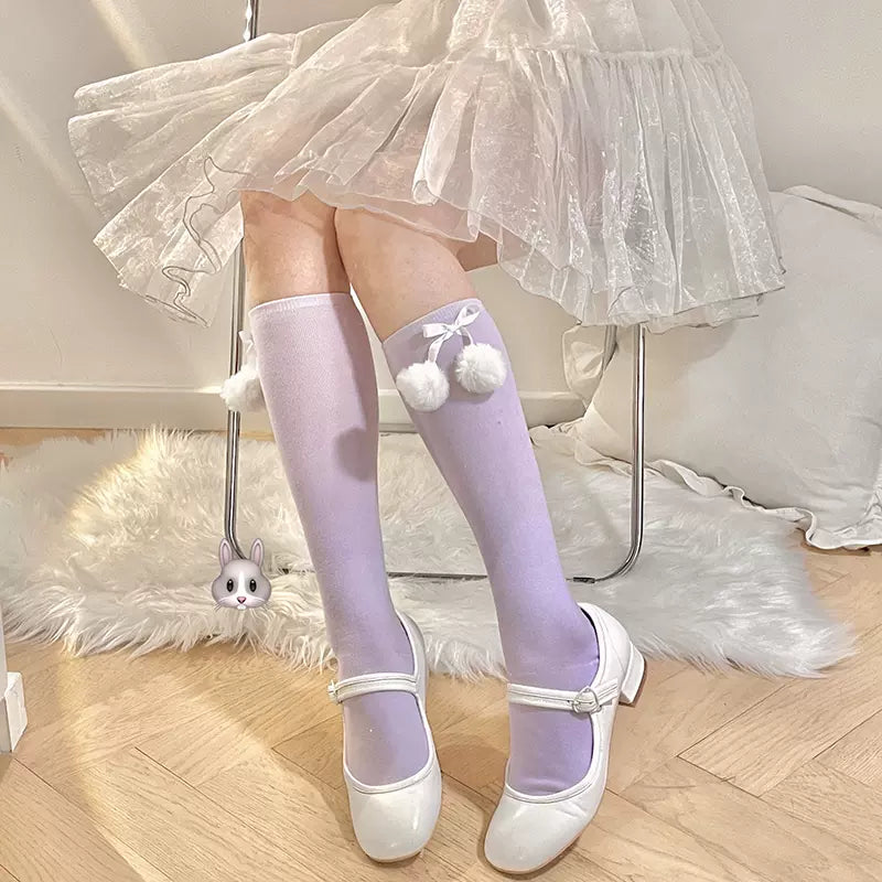 Lolita Victorian Pompom Balls White Black Pink Blue Purple Under The Knee Socks