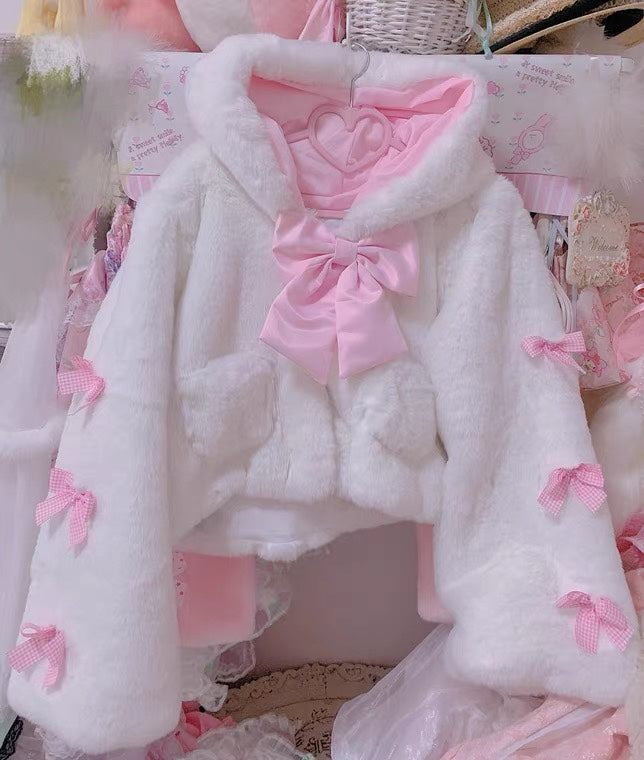 Candy Fairy Cute Pink Bow Snow White Plush Thick Winter Hooded Jacket