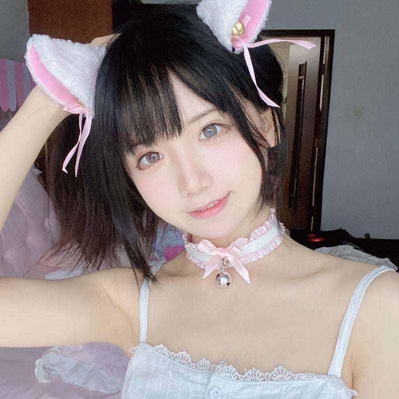 Candy Fairy Soft White Pink Lolita EGL Bow Cat Bell Collar Necklace Choker