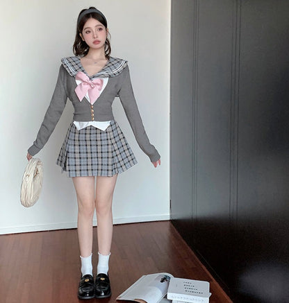 Lazy Girl Academia Sailor Collar Uniform Gray Plaid Shirt Knit Cardigan Mini Skirt Three Piece Set