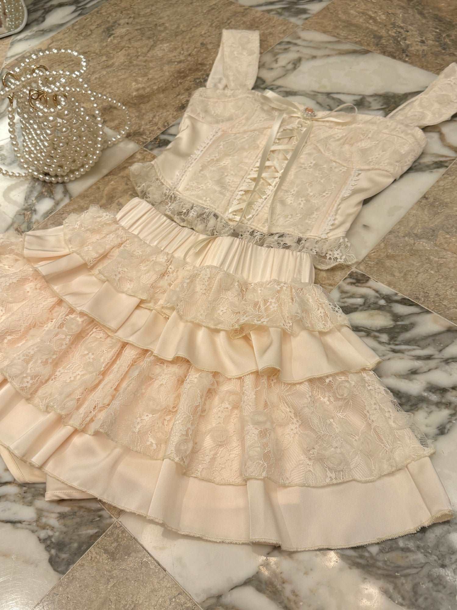 Acacia Cheese Lace Cream Camisole Top & Skirt Two Piece Set