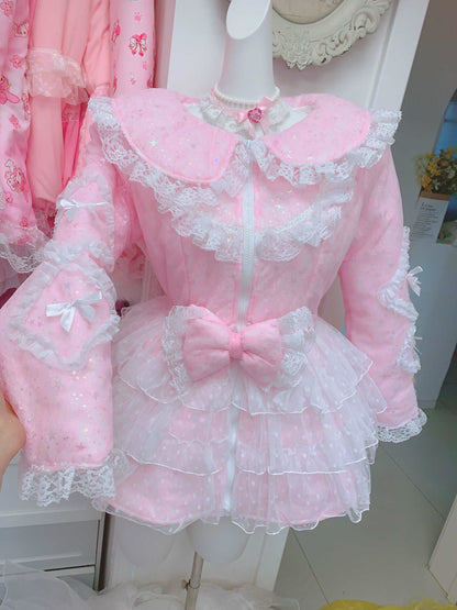 Candy Fairy Pink Blue Purple Lace Sailor Collar Ruffle Winter Padded Puffer Jacket Coat Dress