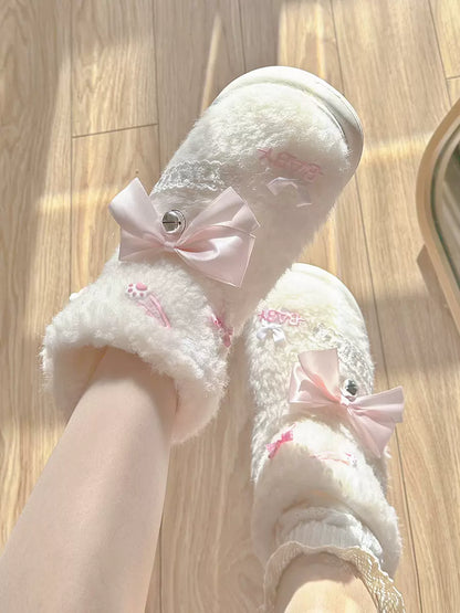 Pinky Cute Winter Plush Pink Bow Baby Lace White Snow Boots Shoes