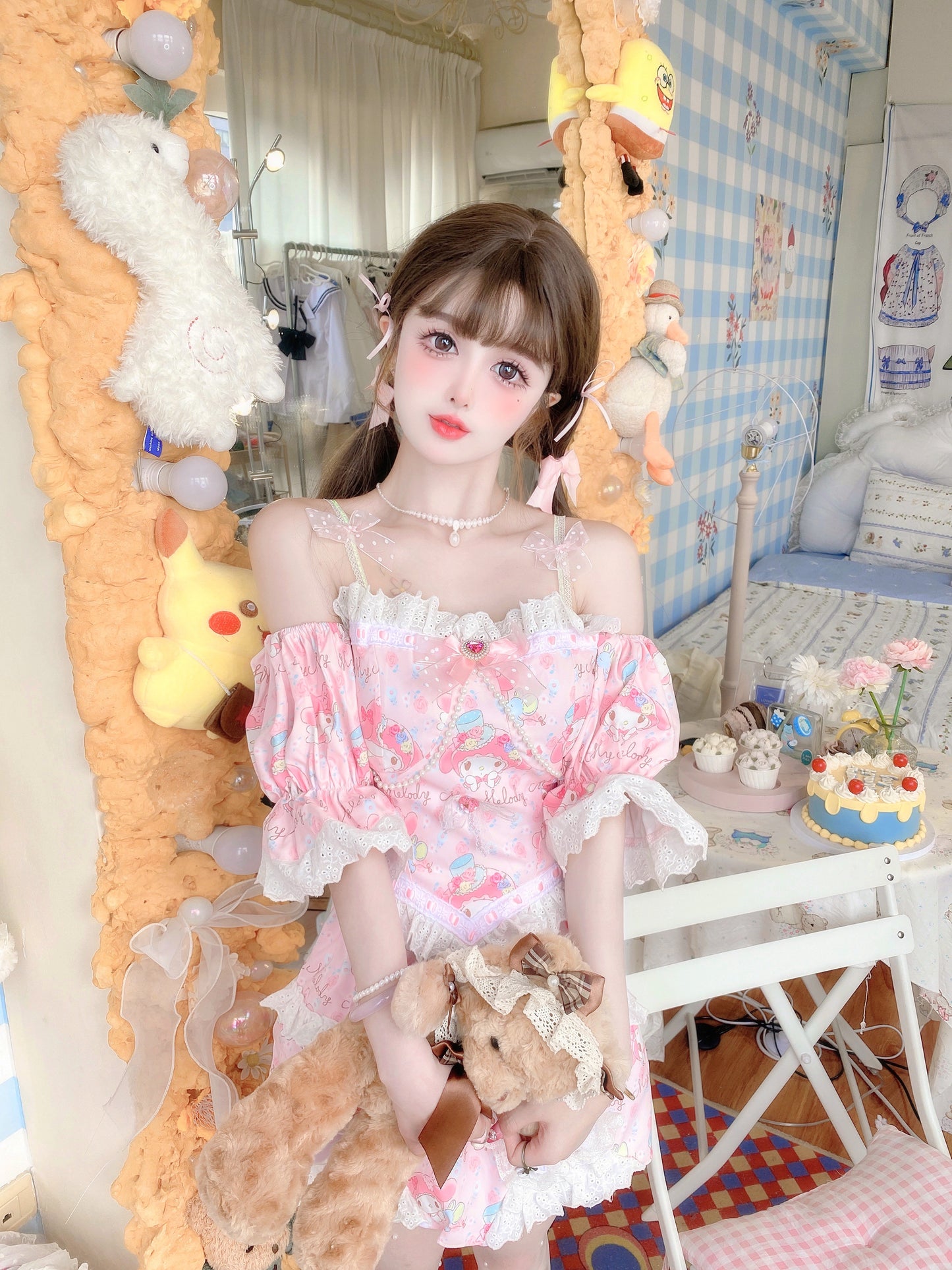 Candy Fairy Pink Melody Cartoon Camisole Puff Sleeve Top & Skirt Pajamas Two Piece Set