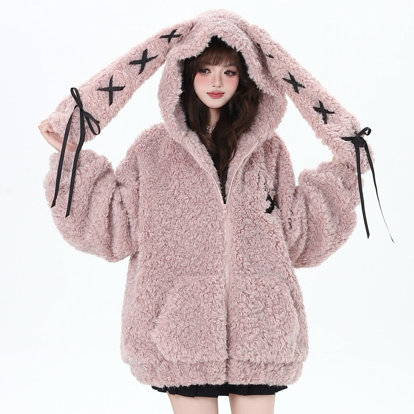 Crazy Girl Patchwork Bunny Pink White Rabbit Ears Jacket Hoodie