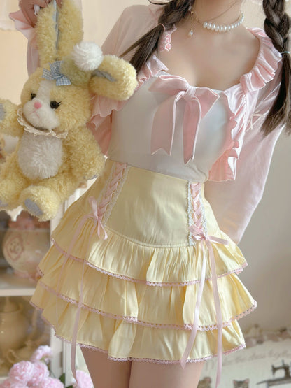 Sweet Colorful Pastel Doll Ruffled Bow Cake Layered Mini Skirt