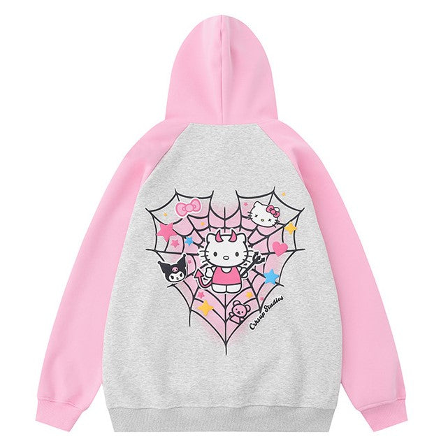 Kitty Cat Spider Web Y2K Pink Black Cartoon Print Sweatshirt Hoodie