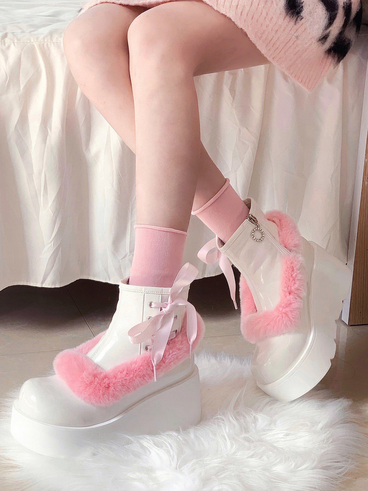 Stars Crown Lolita Winter Fur Pink White Black Platform Boots