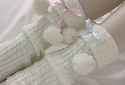 Sweet Knit Pompom Balls White Pink Blue Leg Warmers