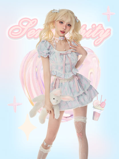 Serendipity Baby Petals Coquette Pink and Blue Bow Decorated Maid Style Blouse Top & Mini Skirt Two Piece Set