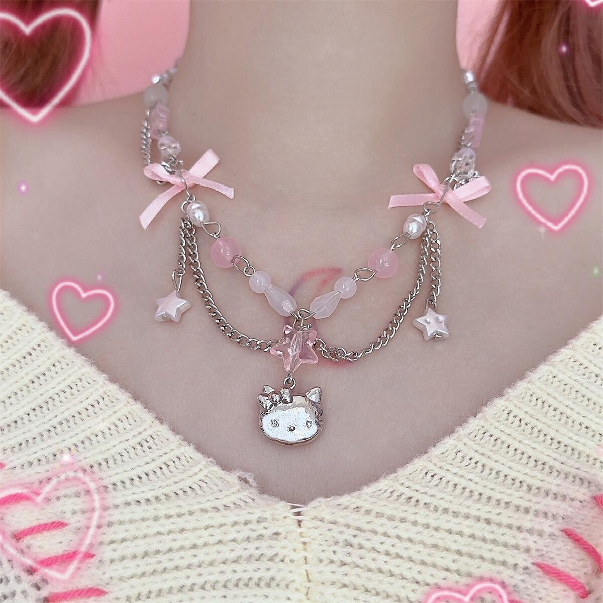 Coquette Bow Star Kitty Pendant Necklace