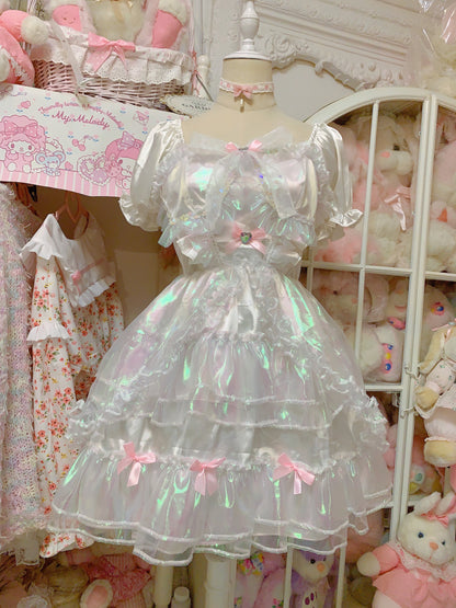 Candy Fairy Run Away Princess Sparkling Ruffled Layered Puff Sleeve White Dress