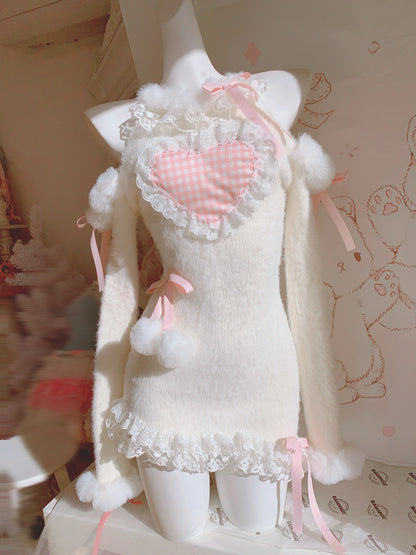 Candy Fairy Plaid Pink Heart Bodycon Fuzzy Dress