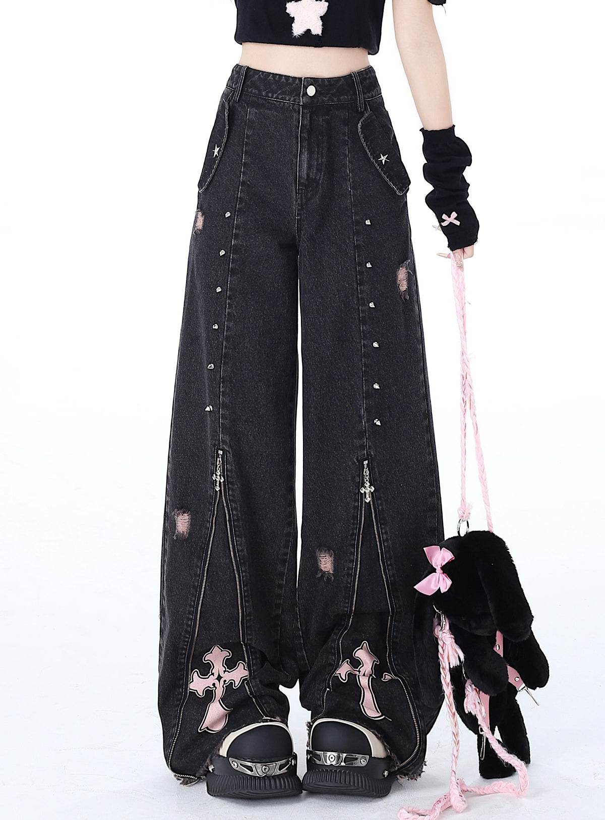 Crazy Girl Street Piecemeal Plan Pink Cross Black Gray Wide Leg Denim Jeans