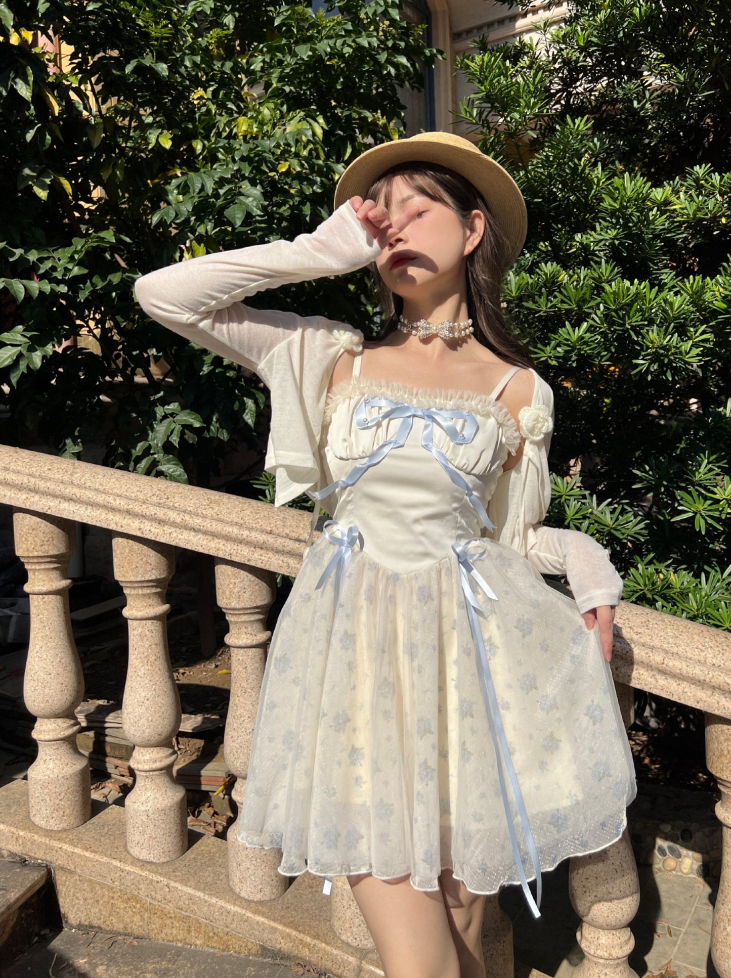 Ruellia Rococo Girl Blue Floral White Strap Dress