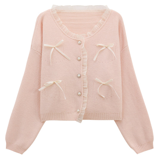 Bow Coquette Sweet Pearl Buttons Tulle Pink Knit Cardigan